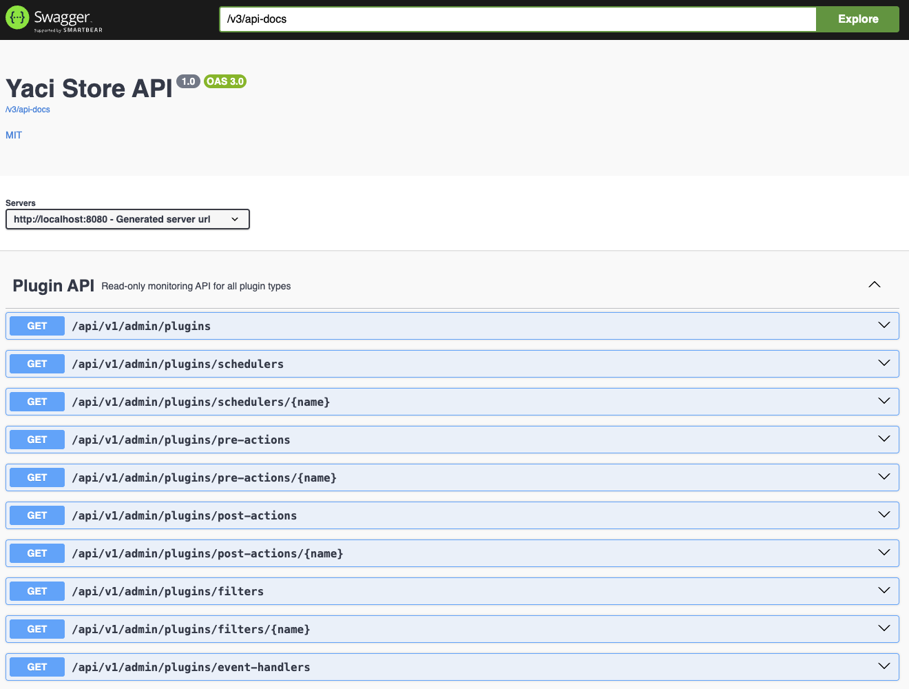 Yaci Store Swagger UI showing the available API endpoints
