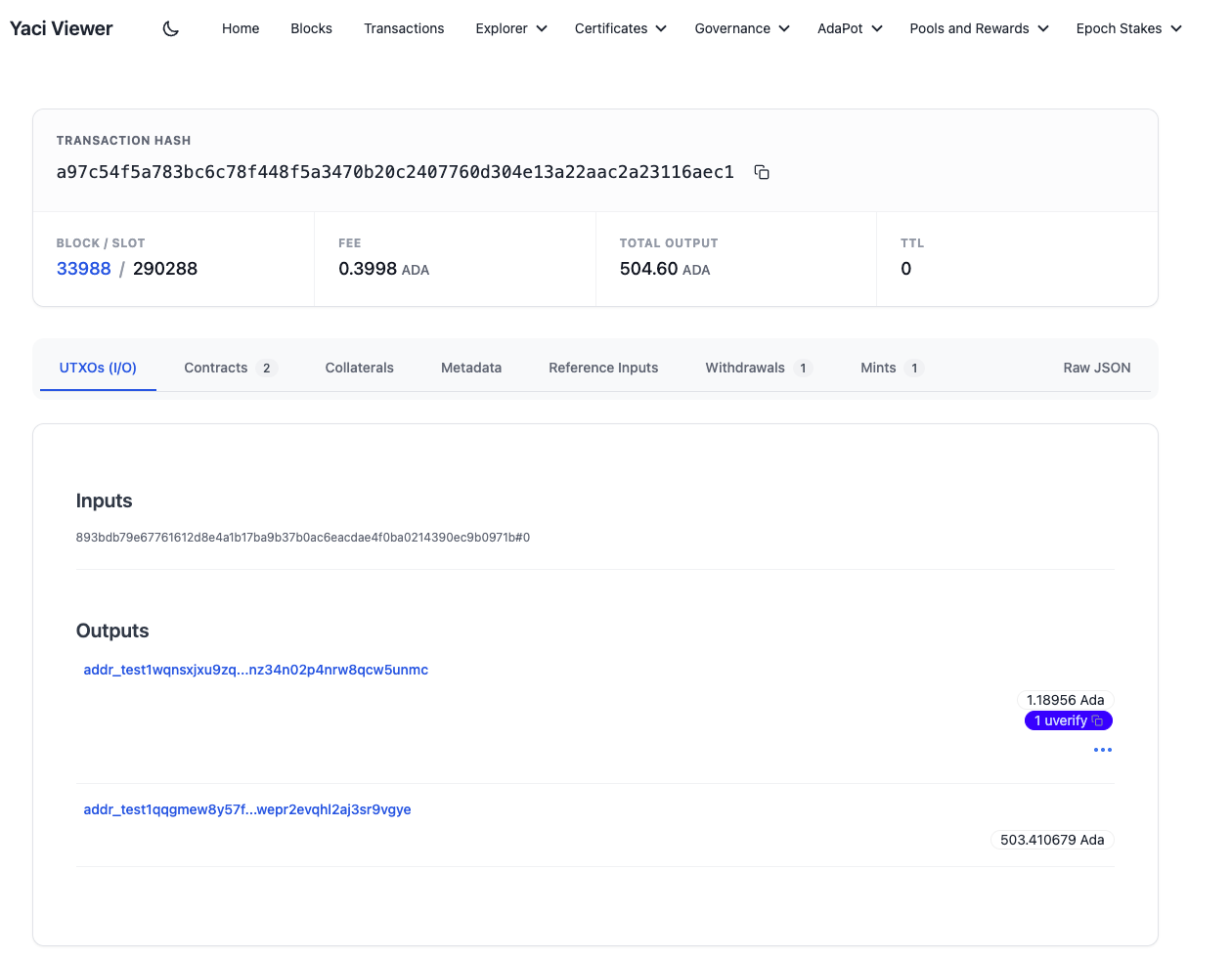 Yaci Viewer showing a transaction on the local devnet